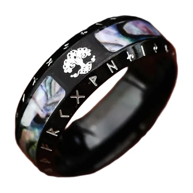 Wikinger Yggdrasil Lebensbaum Ring mit Runen und Abalone, Edelstahl