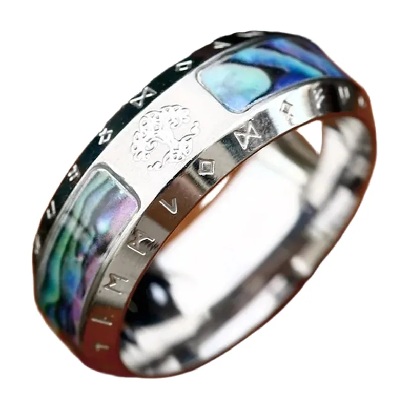 Wikinger Yggdrasil Lebensbaum Ring mit Abalone-Muschel, Edelstahl