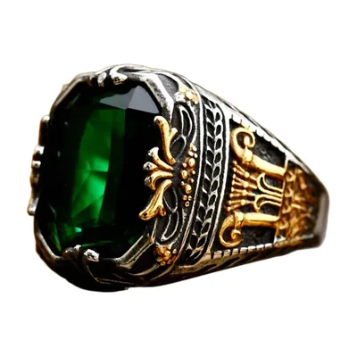 Anello Sigillo in Stile Arabo con Pietra Verde, Acciaio Inossidabile