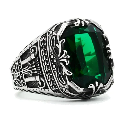 Anello Sigillo Arabo con Pietra Verde, Acciaio Inossidabile