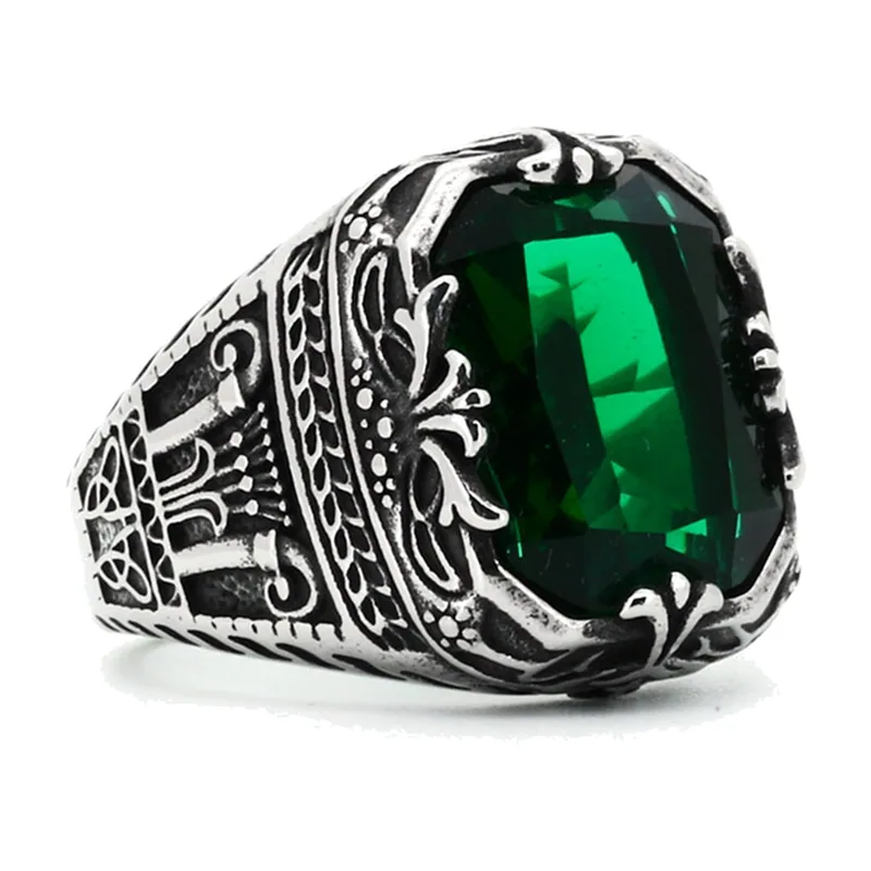 Bague Chevalière Arabe avec Pierre Verte, Acier Inoxydable