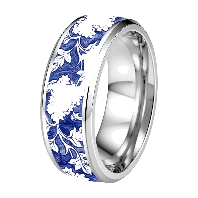 Herrenring mit blau-weißem Porzellan-Blumenmuster, Edelstahl