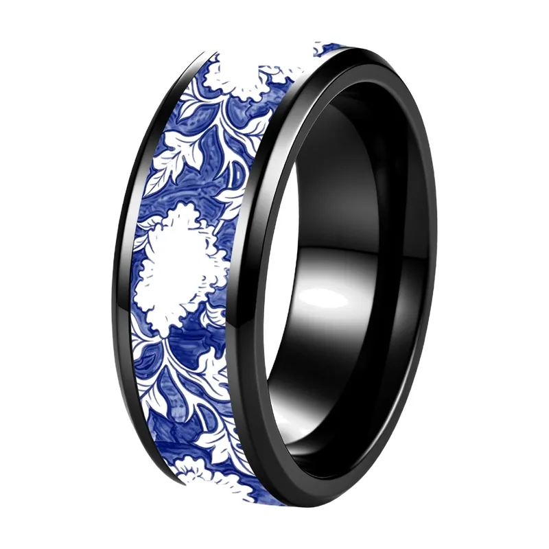 Band Ring with Blue and White Porcelain Floral Pattern, Stainless Steel