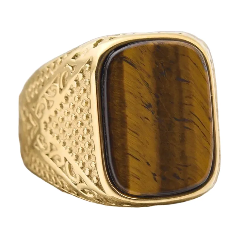 Rectangular Signet Ring with Brown Tiger Eye, Stainless Steel