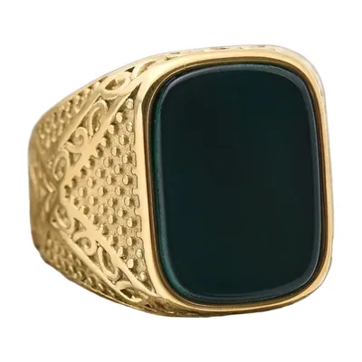 Anillo Sello Rectangular con Ónix Verde y Filigrana, Acero Inoxidable