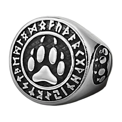 Anillo Sello de Garra de Oso con Runas Nórdicas, Acero Inoxidable
