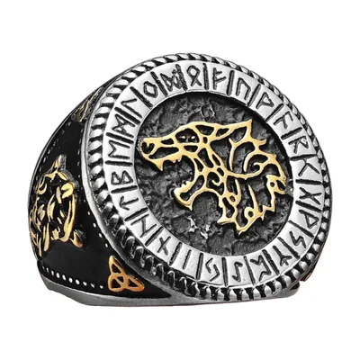 Viking Wolf Ring with Runic Inscriptions, Stainless Steel