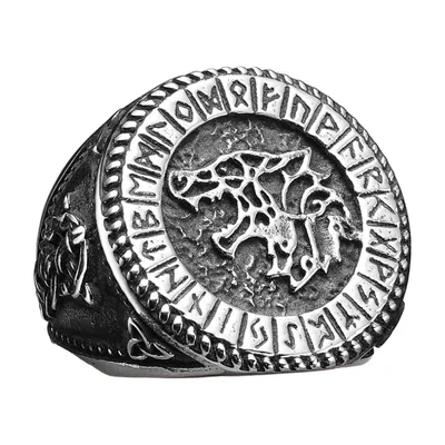 Viking Wolf Signet Ring with Norse Runes, Stainless Steel
