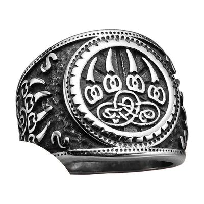Bear Claw and Rune Signet Ring, Viking Style Stainless Steel