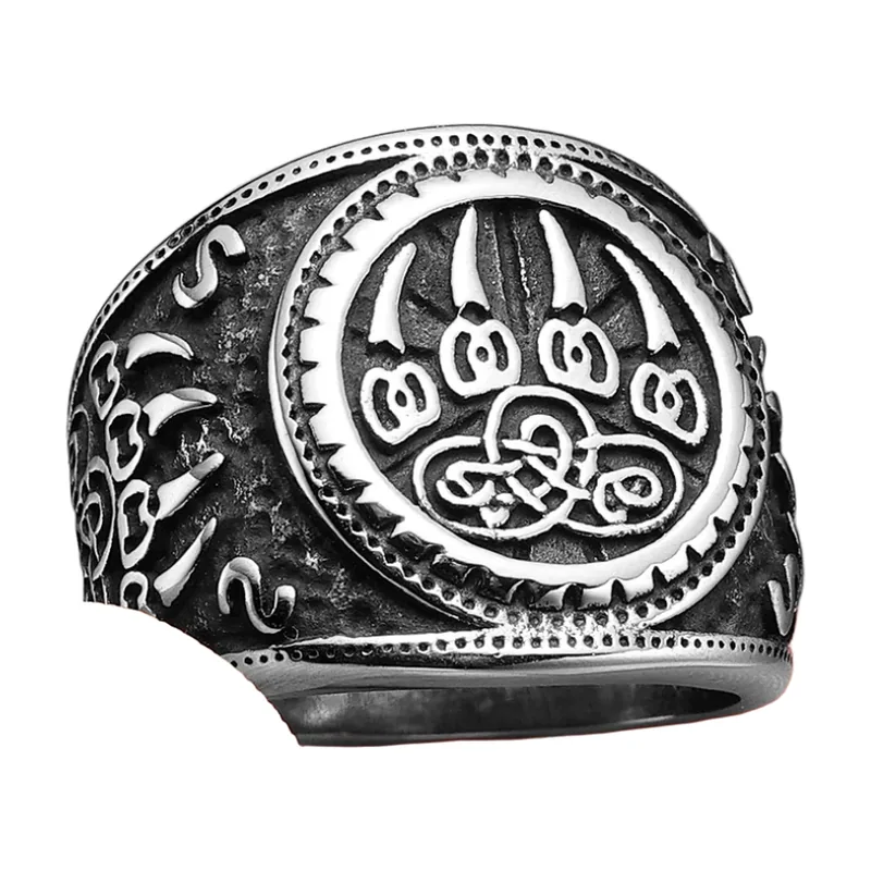Anello Sigillo Artiglio d'Orso e Rune, Stile Vichingo Acciaio Inox