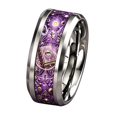 Anillo de Astrología y Runas con Incrustación Púrpura, Acero Inoxidable