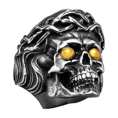 Skull Ring with Crown of Thorns and Yellow Stones, Stainless Steel