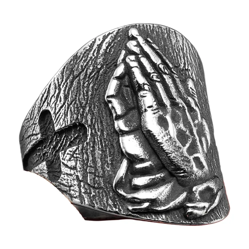 Anello Mani in Preghiera con Dettaglio Croce, Acciaio Inossidabile