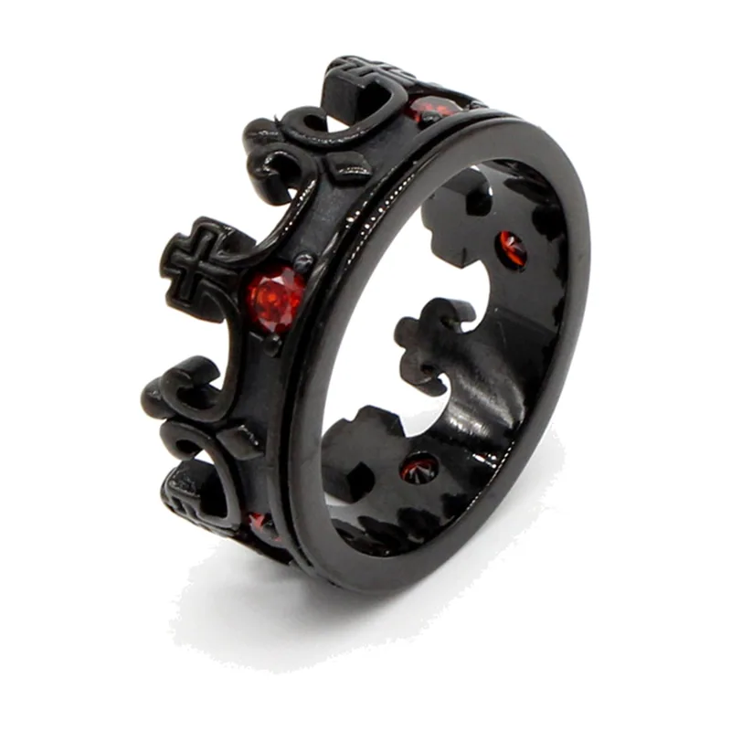 Kronen-Ring mit roten Steinen, Schwarz, 316L Edelstahl