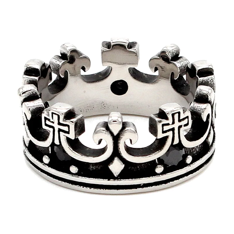 Kronen-Ring mit schwarzen Zirkonia, 316L Edelstahl
