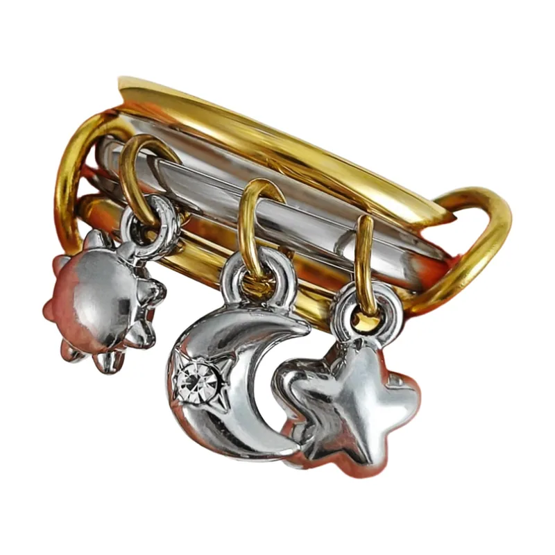 Anello Celeste con Ciondoli Sole, Luna e Stella, Acciaio Inossidabile