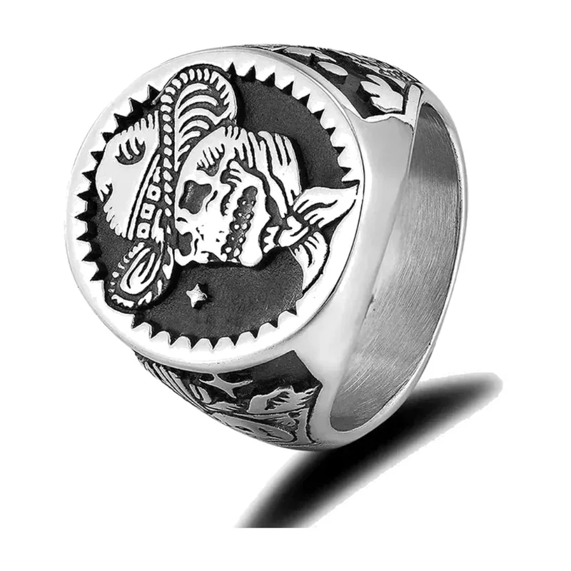 Anello Sigillo con Teschio e Cappello da Cowboy, Acciaio Inox