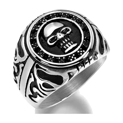 Anillo Sello de Calavera con Circonia Negra, Acero Inoxidable