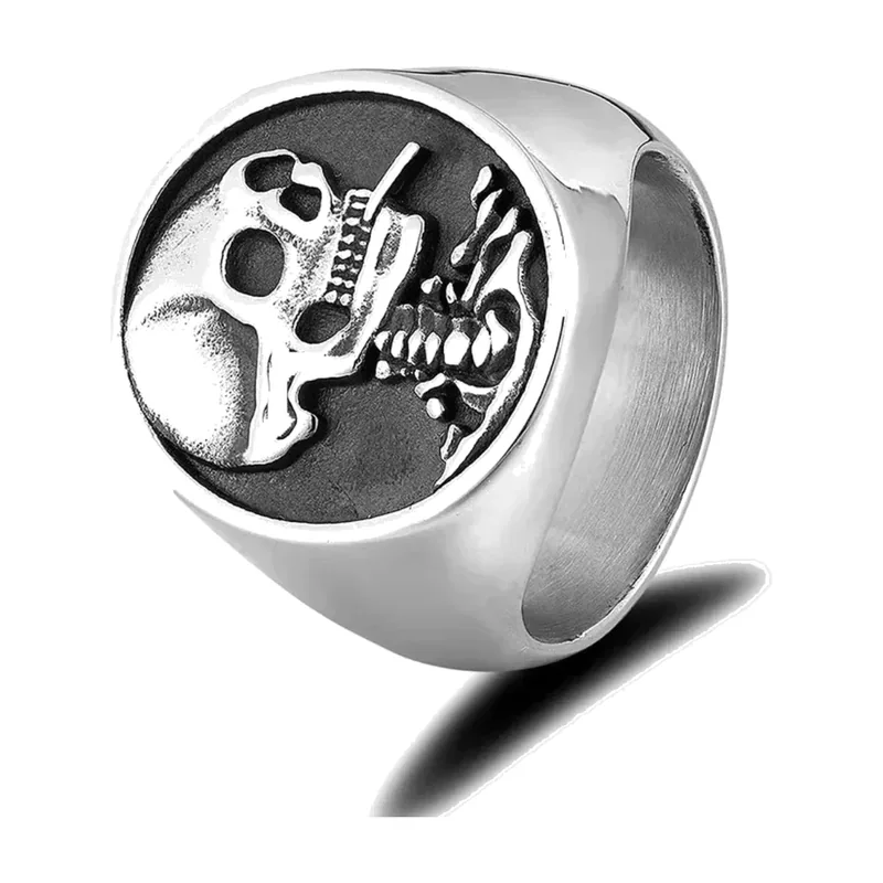 Anello Sigillo con Teschio di Vacca e Finitura Antica, Acciaio Inossidabile