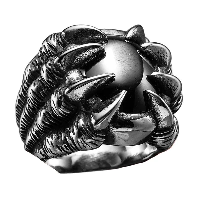 Bague Griffe avec Sphère Noire, Acier Inoxydable 316L