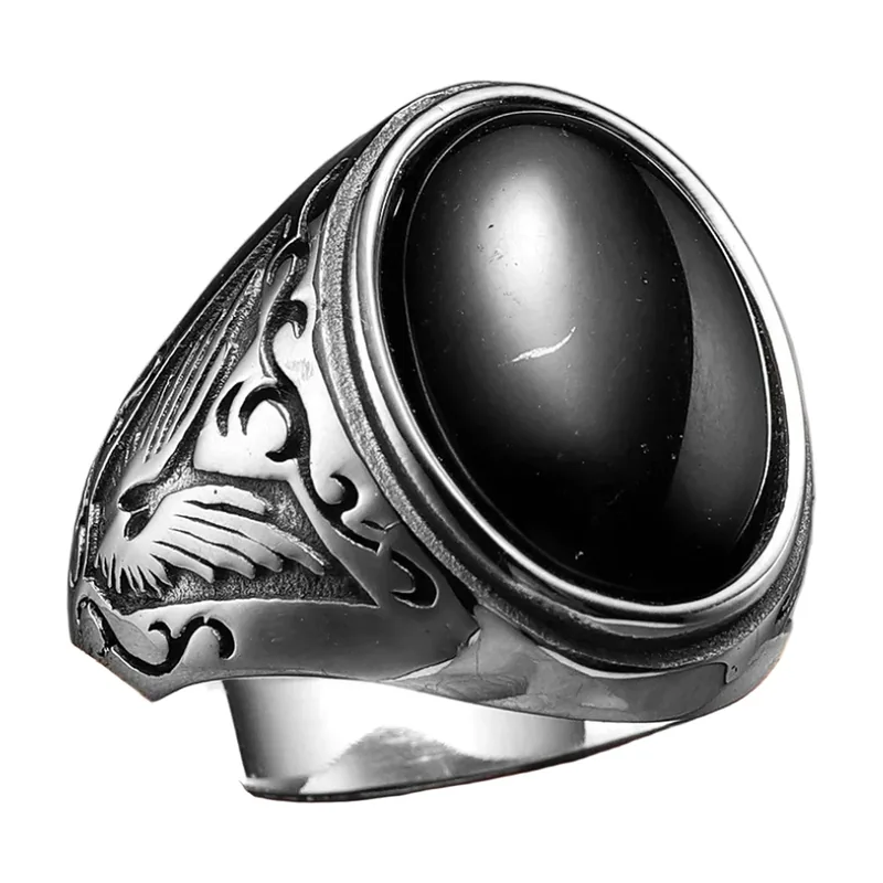 Herren Siegelring mit schwarzem Stein und Gravuren, Edelstahl
