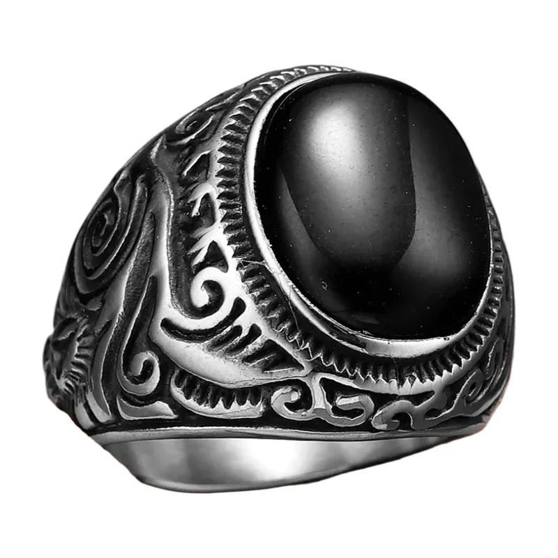 Herren Siegelring mit schwarzem Stein und Ornamenten, Edelstahl
