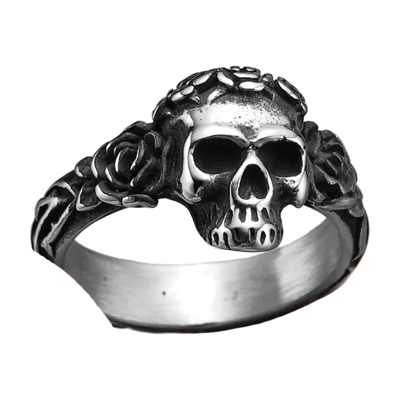 Anillo de Calavera y Rosa Gótico, Acero Inoxidable