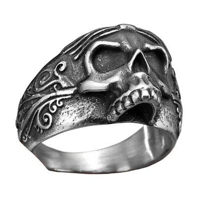 Bague Tête de Mort avec Gravures, Acier Inoxydable 316L