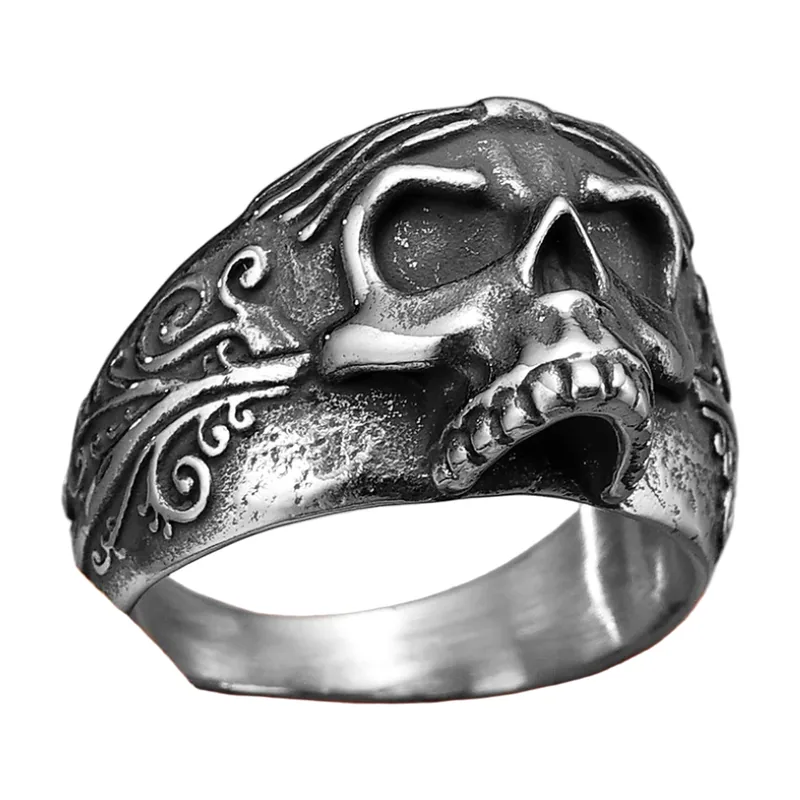 Skull Ring with Ornate Engravings, 316L Stainless Steel