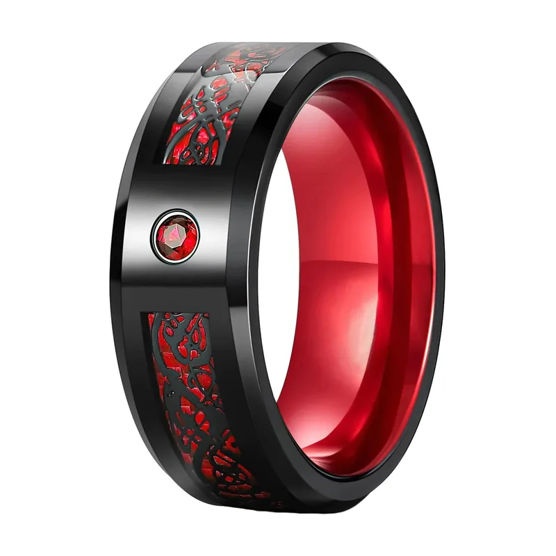 Anillo de Dragón Celta con Piedra Roja, Acero Inoxidable