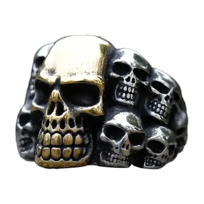Bague Totem Crâne avec Détails Dorés, Acier Inoxydable