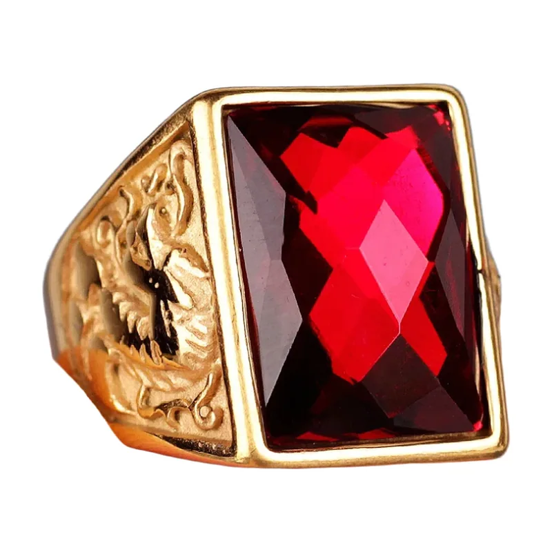 Square Signet Ring with Red Stone and Dragon Phoenix Motif, Stainless Steel