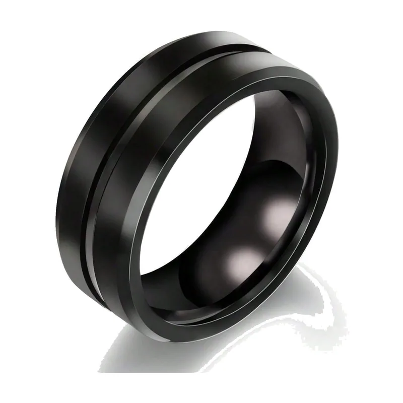 Bague Alliance Rainurée en Acier Inoxydable Noir