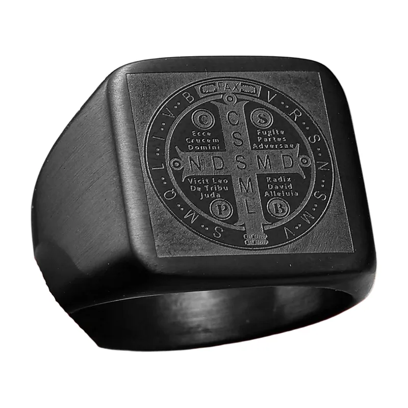 Square Signet Ring with Saint Benedict Medal, Black Stainless Steel