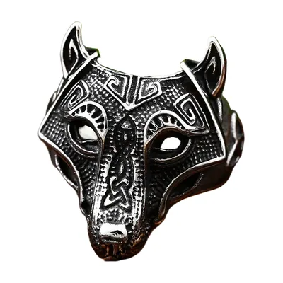 Wolfskopf-Ring mit nordischen Mustern, Edelstahl