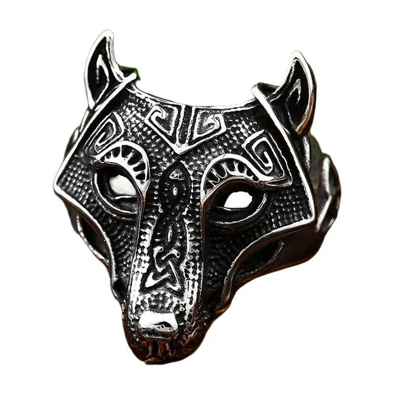 Wolfskopf-Ring mit nordischen Mustern, Edelstahl