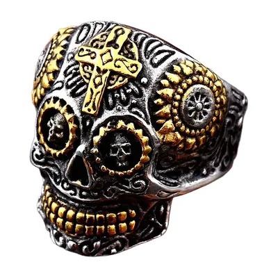 Bague Crâne et Croix Style Biker, Acier Inoxydable 316L
