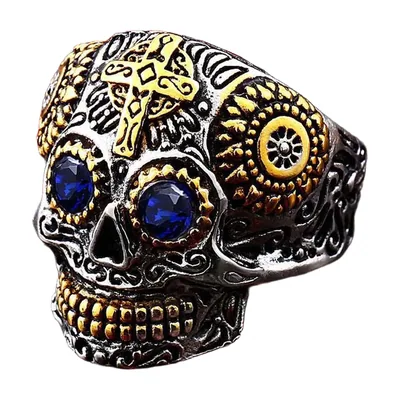 Bague Crâne et Croix avec Pierres Bleues, Acier Inoxydable