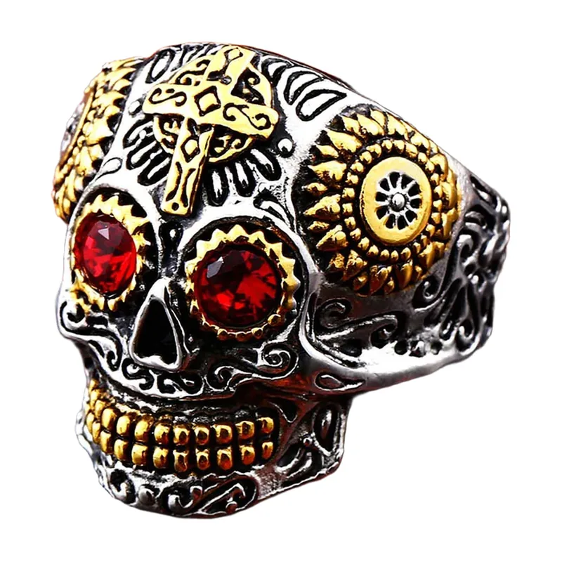 Bague Crâne et Croix avec Pierres Rouges, Acier Inoxydable 316L