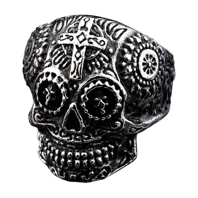 Bague Crâne et Croix Style Biker, Acier Inoxydable 316L