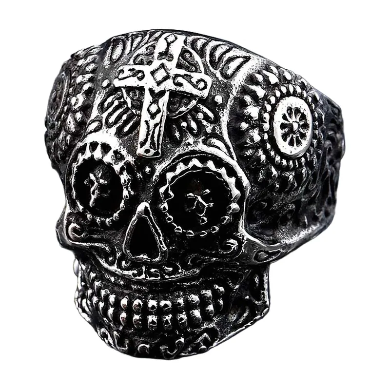 Bague Crâne et Croix Style Biker, Acier Inoxydable 316L
