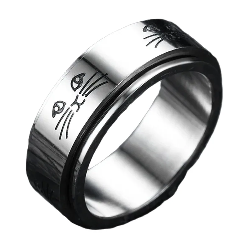 Rotierender Spinner-Ring mit Katzen- und Stern-Motiven, Edelstahl