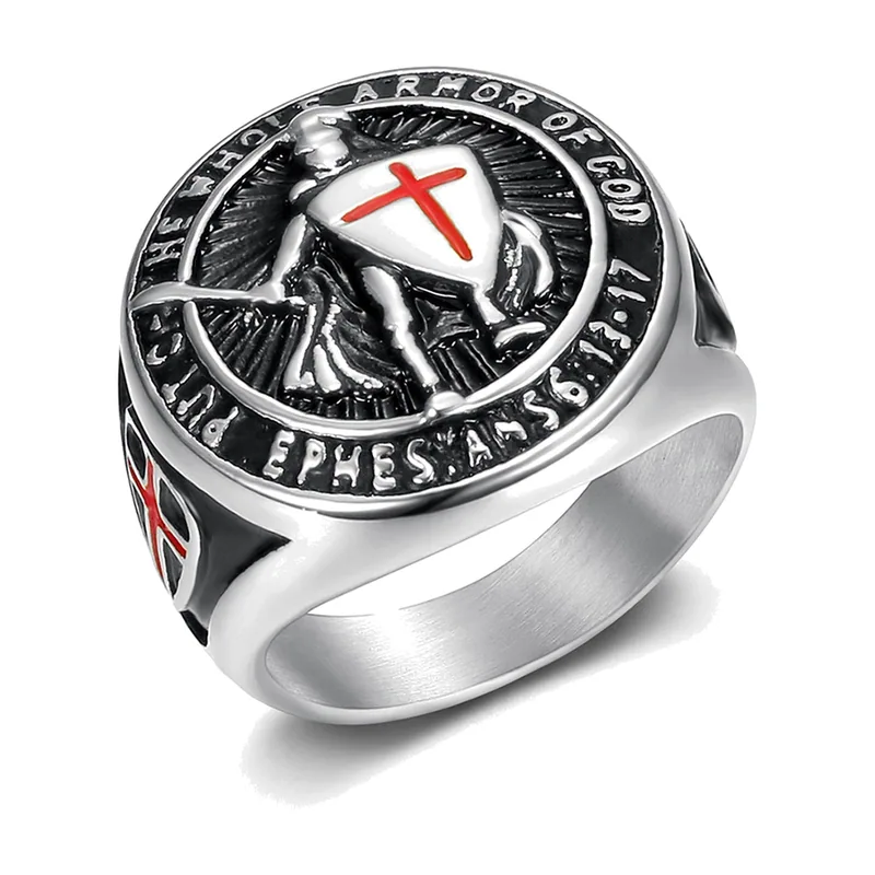 Anello Siginetto Cavalieri Templari con Croce Rossa, Acciaio Inossidabile