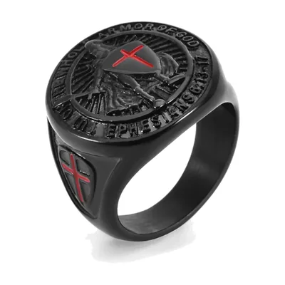 Anillo Sello Caballero Templario con Piedras Rojas, Acero Inoxidable