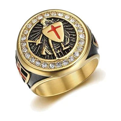 Anillo Sello de Caballero Templario con Piedra Roja, Acero Inoxidable