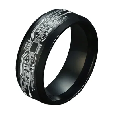 Anillo de Banda con Motivo de Circuito Impreso, Acero Inoxidable Negro