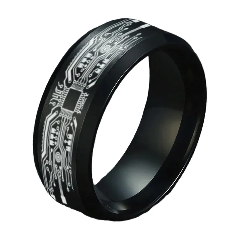 Circuit Board Pattern Band Ring, Black Stainless Steel