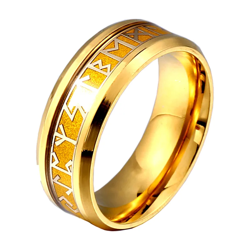 Bague Runes Viking Dorée, Acier Inoxydable