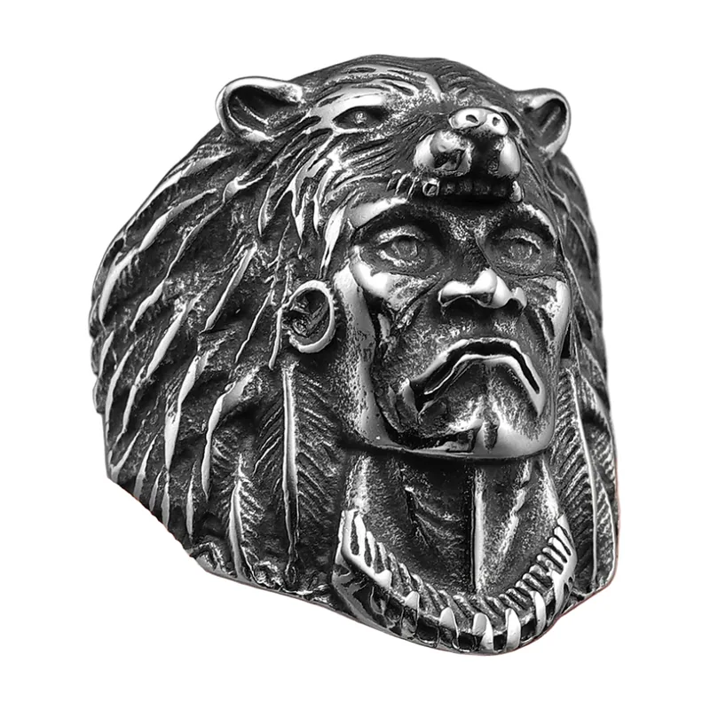 Native American Chief Ring, Antique Stainless Steel
