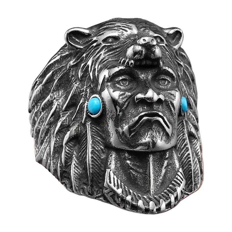 Native American Chief Ring mit blauen Steinen, Edelstahl